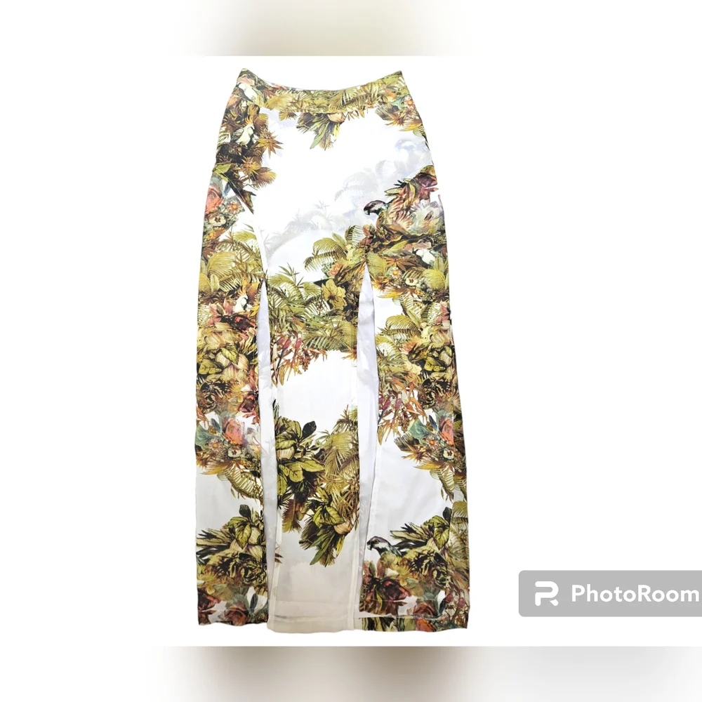 Sheike | Long skirt With High Thigh Splits | Size 10 | Colour White,Green&Brown - Picture 2 of 5
